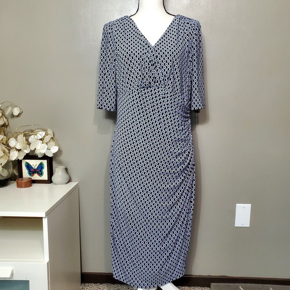 Lauren Ralph Lauren Dress Blue Geometric Ruched Jersey Sheath Stretch Size 14